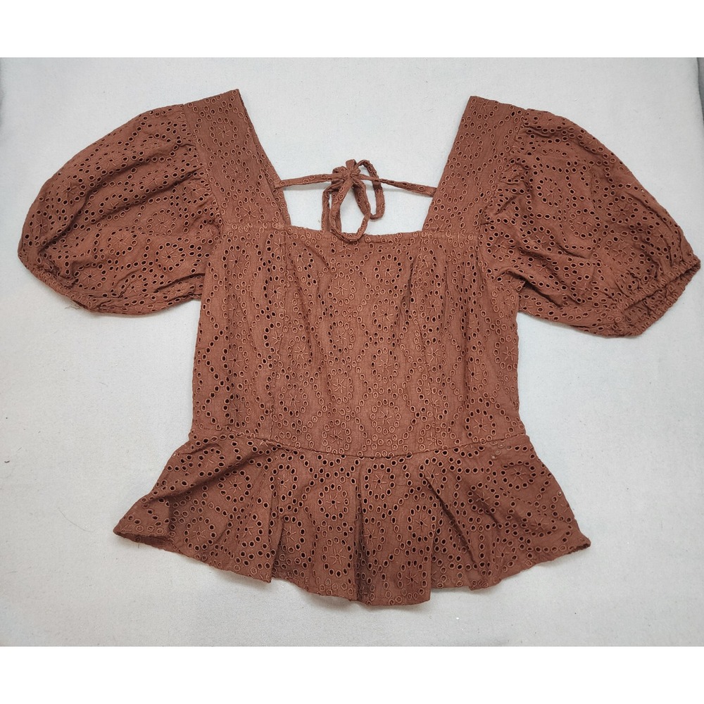 Band of the Free Peplum Top Brown Eyelet Puff Sleeve Boho Women Size XS